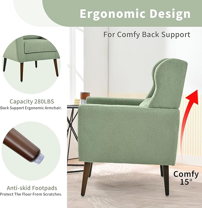 CHSICFOR Modern Accent Chair, Upholstered Arm Chair with Waist Pillow, Single Sofa Chair for Living Room Bedroom Small Spaces (Light Green)