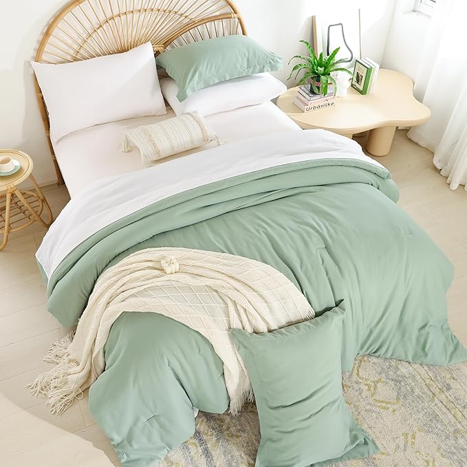 weigelia Bedding Set - 7pcs Sage Green Comforter Set for Queen Bed with Microfiber Sheets, Pillow Shams and Pillowcases - All Season Boho Style