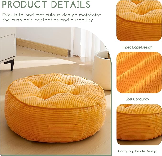 8" Washable Floor Pillow Cushion for Adults, Meditation Cushion Pillow, Large Round Floor Sitting, Removable Tufted Corduroy Cover, for Tatami Living Room or Yoga, 22x22 Inch, 2Pack, Machine Washable