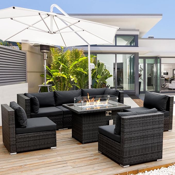 RADIATA 7 Piece Wicker Patio Furniture Set with Fire Pit, All-Weather Outdoor Sectional Couch High Back Large Size, Modular Backyard Seating Sofa Set with Propane/Natural Gas Firepit Table, Dark Gray