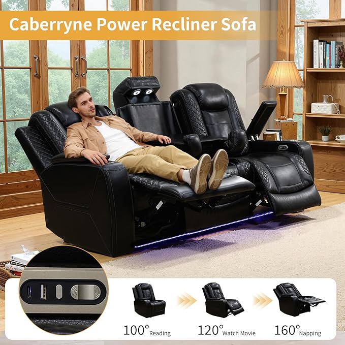 Caberryne Power Recliner Sofa Set with LED Lights,Leather Reclining Couch and Loveseat Set with USB Port/Coffee Table/Cup Holder,Living Room Set with 4 Recliner Seats for House(2 Piece Set,Black)