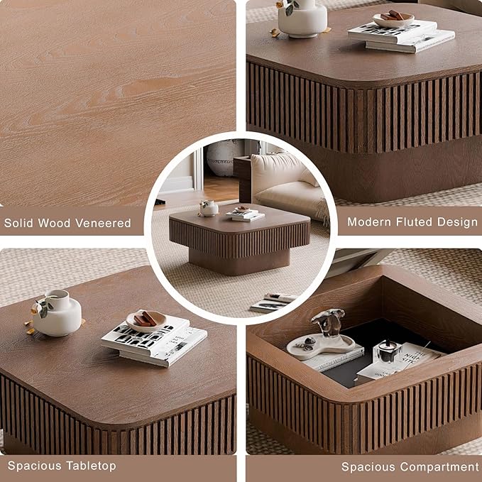 FGXJY Square Small Coffee Table with Storage, Modern Wooden Coffee Table with Solid Wood Veneered, Fluted Center Table Drum Tea Table for Living Room Apartment, 31.5''L×31.5''W×14''H