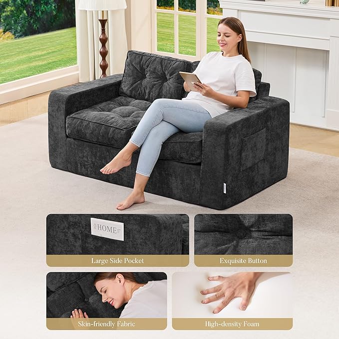Hobestluk Sofa Couch Loveseat Sofa with Chenille Fabric 2-Seater Sofa for Small Spaces Comfortable Foam Floor Sofa 2 in 1 Boneless Couch for Living Room Bedroom Apartment or Office (Grey, Loveseat)