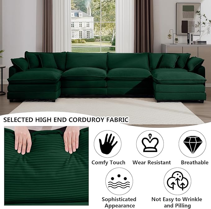Aoowow Corduroy 4 Seater Couch with Ottomans,Modern Large Cloud Couches for Living Room,U Shaped Modular Sectional Cloud Sofas Deep Seat,U Shape Oversized Tufted Sofa Set (Green, 4 Seater + 2 Ottoman)