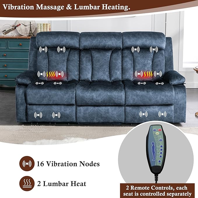 Power Reclining Sofa with Massage & Heat, USB & Type-C Ports, Drop-Down Tray Table, Cup Holders, Storage Pockets, Power Reclining Couch/Reclining Sofa 3 Seat, for Living Room, RV，Media Room 82" Blue