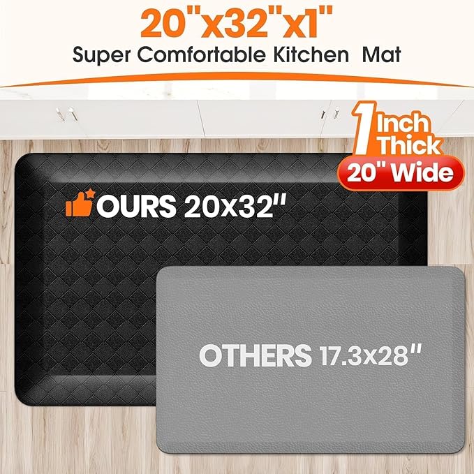 StepRite 1” Thick Kitchen Mats for Floor, Anti Fatigue Kitchen Rugs, Non-Slip,Heavy Duty Waterproof Kitchen Rug, Standing Desk Mat, Gifts for Friends, Family, Home, Kitchen, Office (32" x 20", Black)