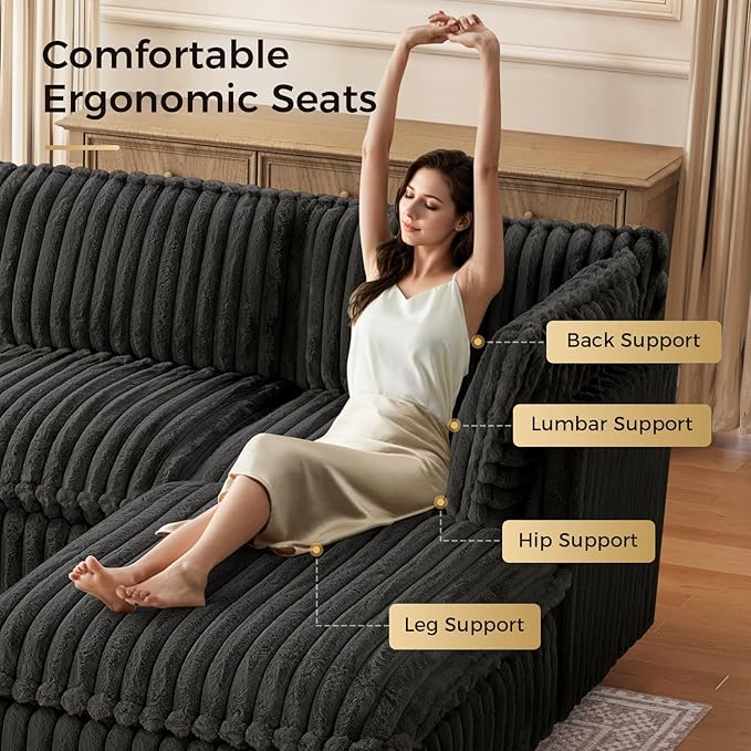 KKL Modular Sectional Couch for Living Room, U Shaped Corduroy Couches with 2 Ottomans, 6 Seater Oversized Sofa Convertible to Sleeper, Soft Fabric Modern Sofa, Black