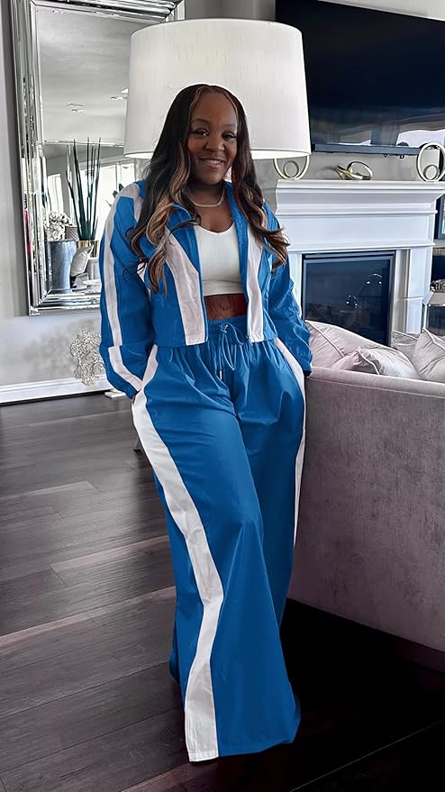 Women Striped 2 Piece Outfits Fall Workout Sets Windbreaker Tracksuit Crop Jacket Wide Leg Pants with Pockets