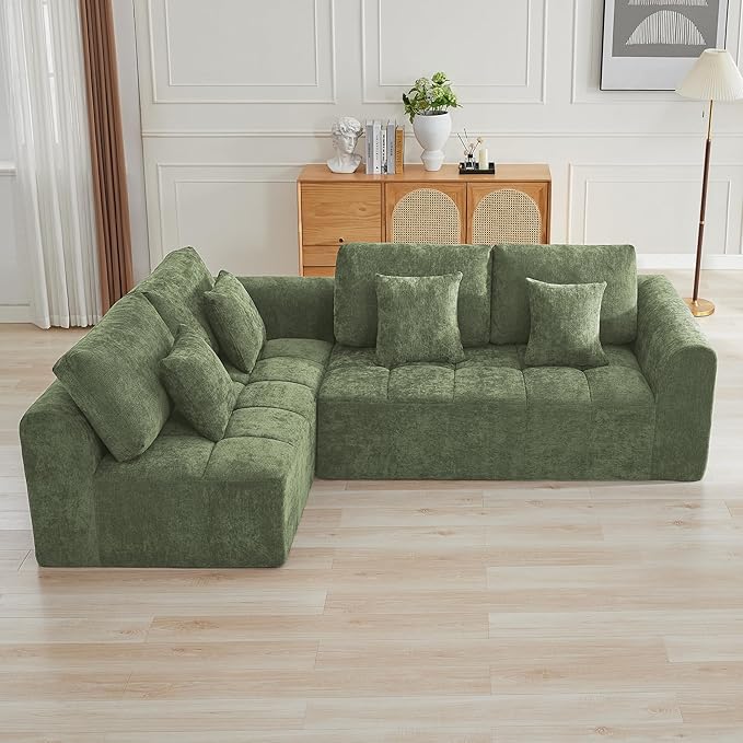 110''Modular Sectional Couches for Living Room, Cloud Boneless Compressed Sofa Left Facing Chaise, Oversized L Shaped 4 Seater Memory Foam Sofa, No Assembly, Chenille Green