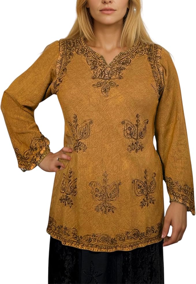 Agan Traders 2025 Winter Long Sleeve Diamond Neck Embroidered Tops - Medieval Boho Vintage Tunic Kurta Blouses for Women