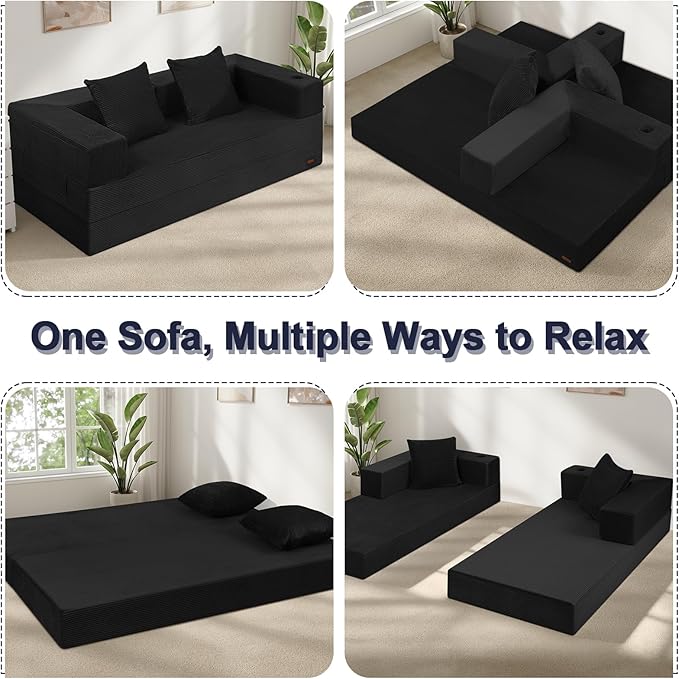 COMAX Futon Sofa Bed Queen, 79" Convertible Sofa Bed Couches for Living Room, 4 in 1 Folding Boneless Sleeper Corduroy Couch Loveseat Foam In a Box, Foldable Comfy Lounge Fold Out Floor Mattress Black