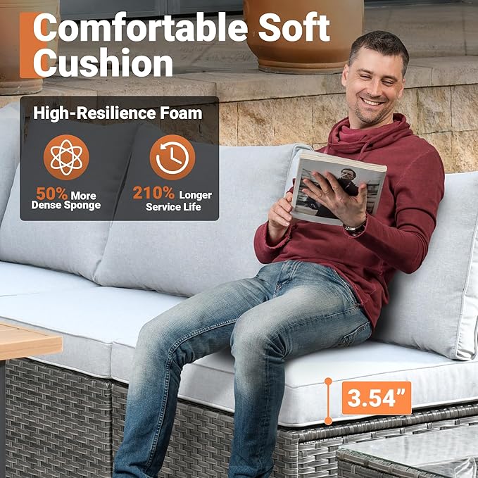 ovios 10 Piece Outdoor Patio Furniture Set with Fire Pit Table,Conversation Sectional Wicker Couch with Swivel Chairs,Modern Outside Sofa for Balcony Backyard, Grey