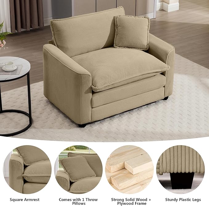 Aoowow Corduroy Large Armchair,Modern Oversized Single Sofa Chair with Throw Pillow,Deep Single Seat Cloud Sofas Couches for Living Room,Tufted Oversized Accent Arm Chair (Tan, Sofa Chair)