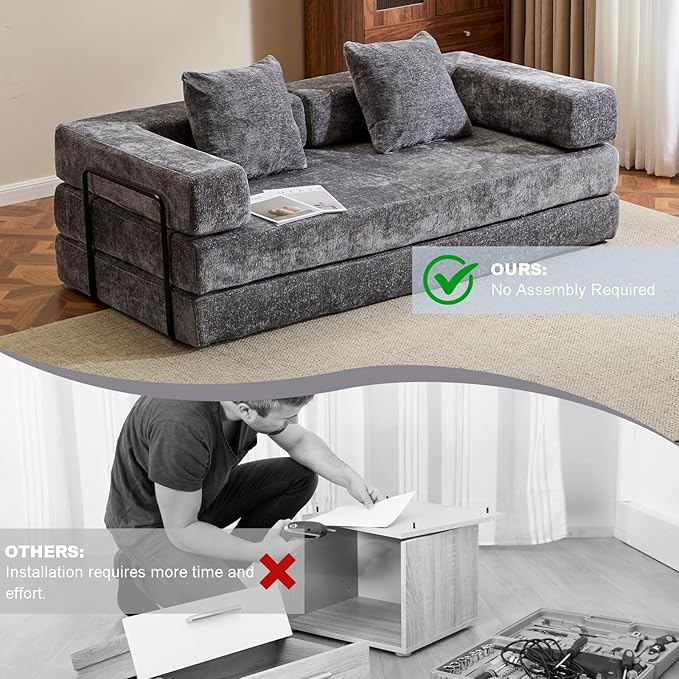 77" Convertible Foldable Floor Couch, 3-Seat Futon Sleeper Sofa for Living Room, Bedroom, or Apartment, with Pillow Backrest and Armrests, Chenille Fabric, No Assembly Required, Dark Grey