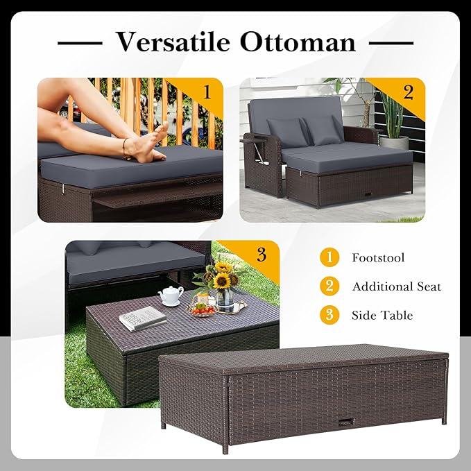 RELAX4LIFE Wicker Patio Outdoor Daybed - Rattan Day Bed Lounger w/Loveseat & Storage Ottoman, Sunbed Sofa Set w/Cushions, 4-Level Adjustable Backrest & 2 Retractable Trays, Patio Daybed (Grey-Brown)