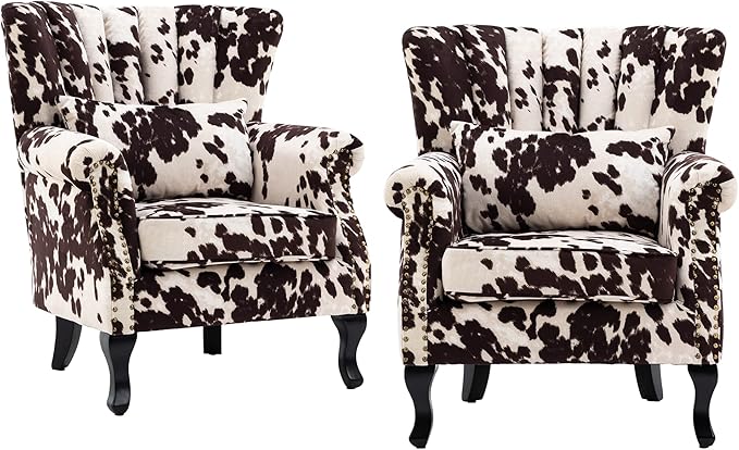 chairus Mid-Century Modern Accent Chairs Set of 2 Comfy Sofa Chairs Channel Back Armchairs with Small Pillow for Living Roon Bedroom Club - Velvet, Cow