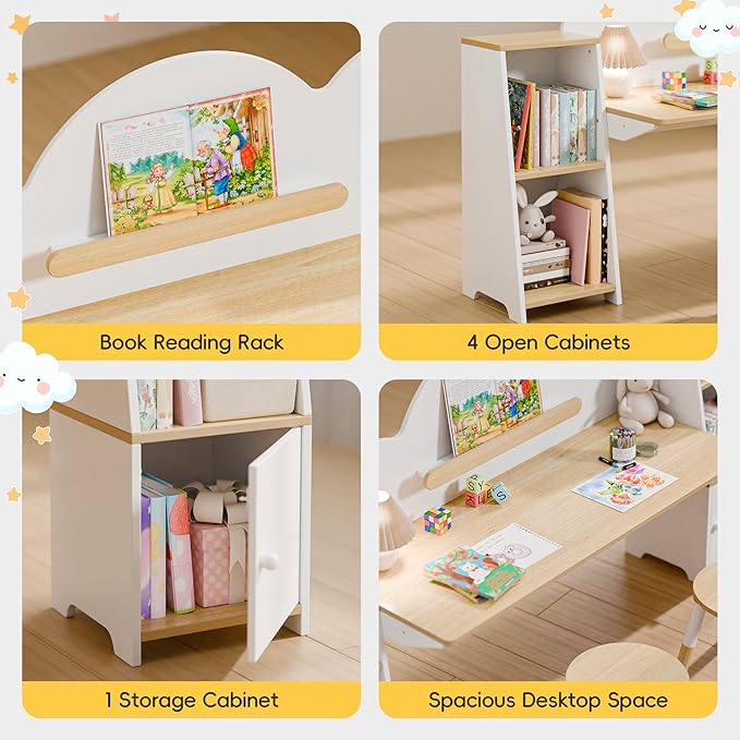 Xilingol Kids Study Desk with Bookshelves and 2 Stools, Kids Desk and Chair Set with 5 Storage Cabinets, Wooden Children Writing Table, Student Study Table for Ages 3-8, Bedroom, Boys, Girls