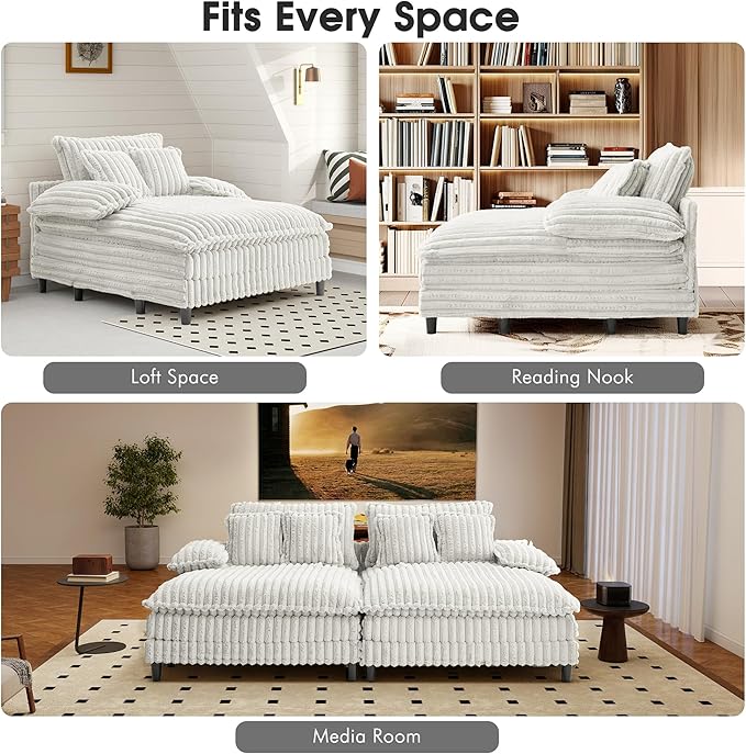 54.8" W Oversized Chaise Lounge Chair Indoor with 5-Position Adjustable Backrest, Plush Sleeper Sofa Bed with Pillows, Upholstered Cloud Couch Chair for Living Room, Study Room, Silver Grey