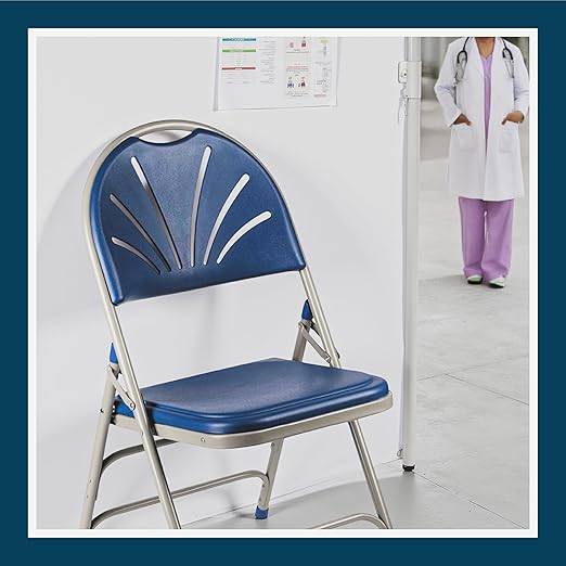 OEF Furnishings OEF1100 Series Premium Heavy-Duty Plastic Folding Chairs, Commercial Fanback Event Chairs with Triple Brace and 500 lb Capacity (4-Pack, Blue Plastic with Gray Frame)