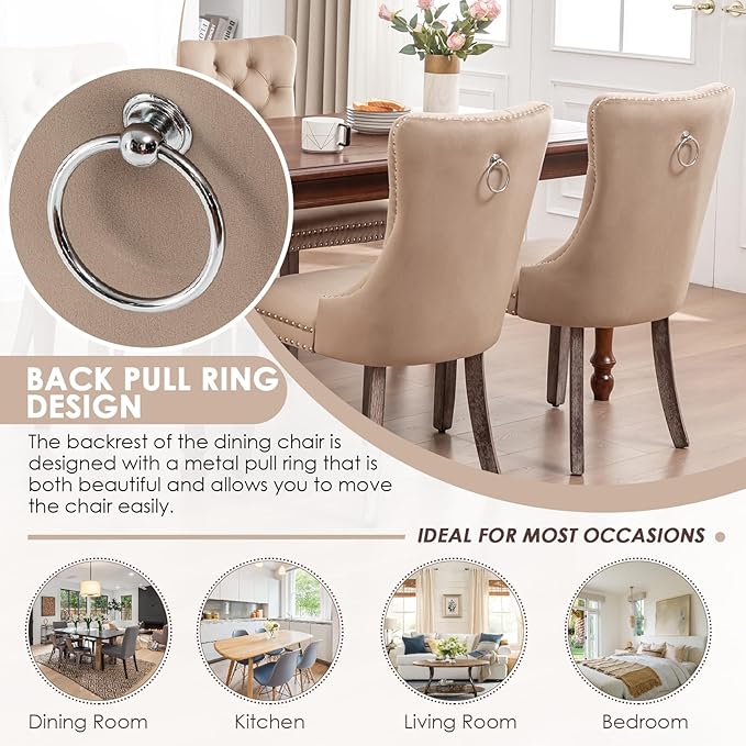Kiztir Velvet Dining Chairs Set of 4, Upholstered Dining Chairs with Ring Pull Trim and Button Back, Luxury Tufted Dining Chair for Living Room, Bedroom, Kitchen (Khaki)
