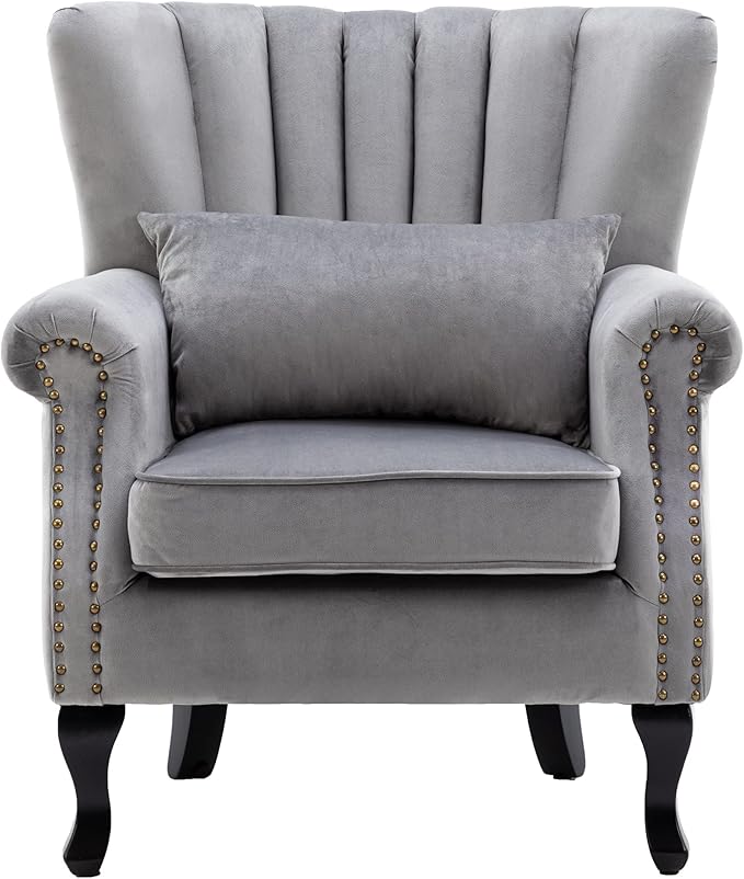 chairus Mid-Century Modern Accent Chair Comfy Single Sofa Chair Channel Back Armchair with Small Pillow for Living Roon Bedroom Club - Velvet, Grey