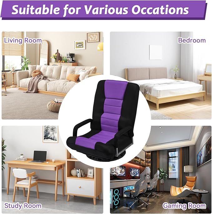 360 Rotating Swivel Gaming Chair w/6 Adjustable Positions Backrest Foldable Floor Chairs Suitable for Reading, Relaxing, Mediation,Purple