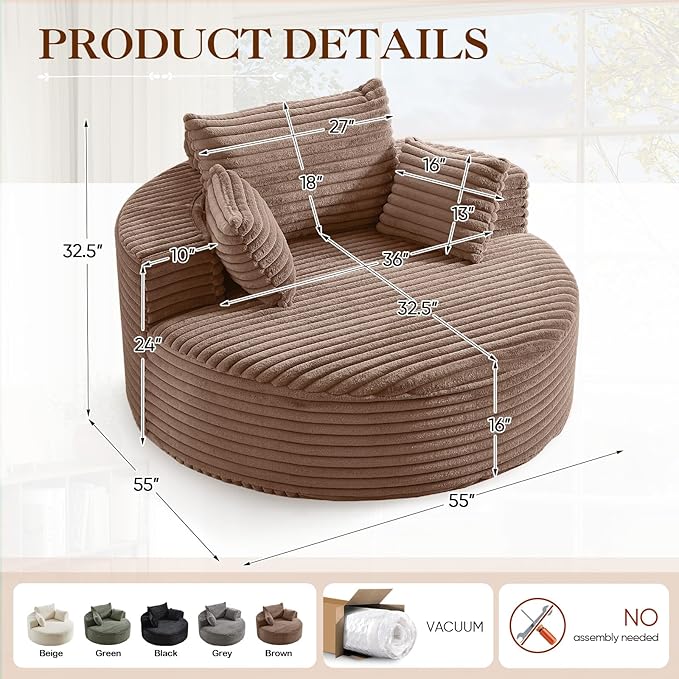 Oversized Round Chaise Longue Chair Indoor, Modern 55-inch Upholstered Corduroy Deep Seat Circle Single Cloud Lounge Floor Sofa Chair for Living Room, Bedroom Apartment, Brown