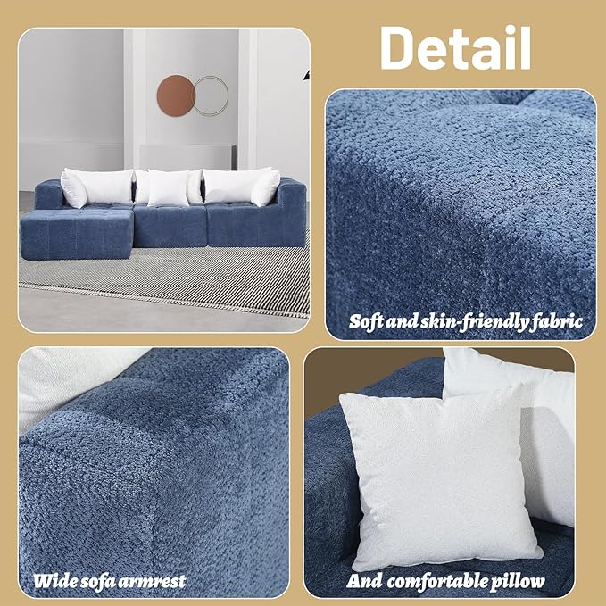Modular Sectional Sofa,Oversized Cloud Sectional Couch with Deep Seat Modern Boneless L-Shape Lounge Sofa No Assembly Required with Pillows for Living Room Bedroom(Blue)