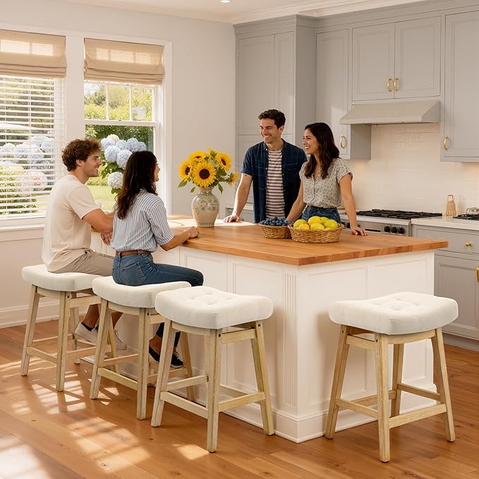 Counter Height Bar Stools Set of 2 for Kitchen Counter, Backless Farmhouse Island Short Barstools No Back with Padded Fabric Saddle Seat & Solid Wood Legs Modern 24 inch Counter Top Bar Chairs, Khaki