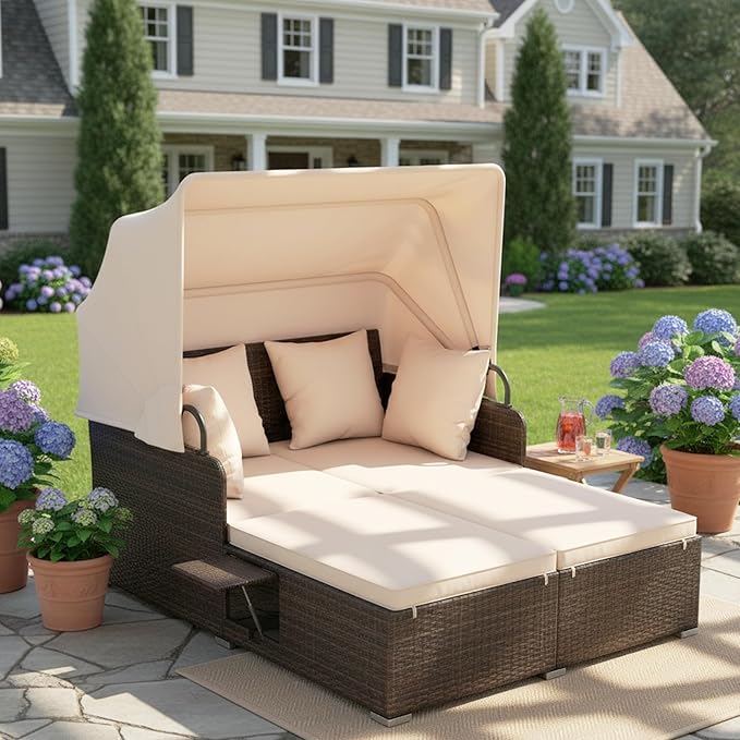 Tangkula Patio Rattan Daybed with Retractable Canopy, Outdoor Wicker Sunbed with 2 Foldable Side Tables, Thick Seat & Back Cushions, Outside Double Daybed for Garden, Backyard, Porch, Beige & Brown