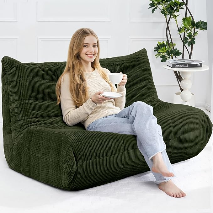 Bean Bag Chair,Giant Beanbag Chairs for Adults,Comfy Large Fireside Chair Lazy Sofa,Corduroy Bean Bag Lounger with Memory Foam Filled,Floor Sofa Couch for Home,Living Room (Green, Loveseat)