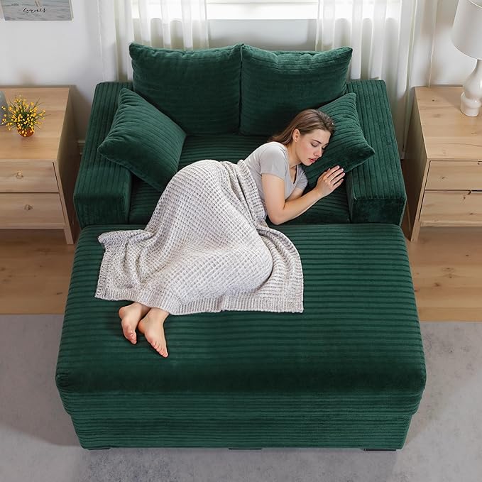 Indoor Chaise Lounge Chair With Storage Ottoman, Modern 60-Inch Lounge Sofa Chair With Wide Armrests & 4 Pillows, Oversized Comfy Reading Lounger For Living Room, Bedroom（Wide-Rib Corduroy Green)