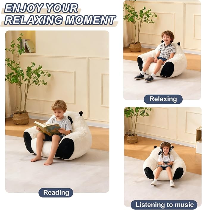 Bean Bag Chair for Kids,Comfy Reading Nook Chairs for Bedroom,Animal Floor Chairs, Faux Fur Panda Bear Shaped Beanbag Chairs for Children,Teen Fun Plus Bean Bag Couch for Bedroom,Living Room