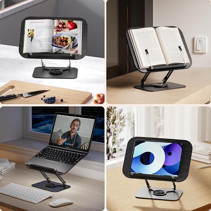 SupeDesk Book Stand for Reading, Adjustable Book Holder with 360° Rotating Bases, Foldable Designs, and Elastic Clips, Multifunctional Display Stand for Recipe, Cookbooks, Magazines, Tablets (Black)
