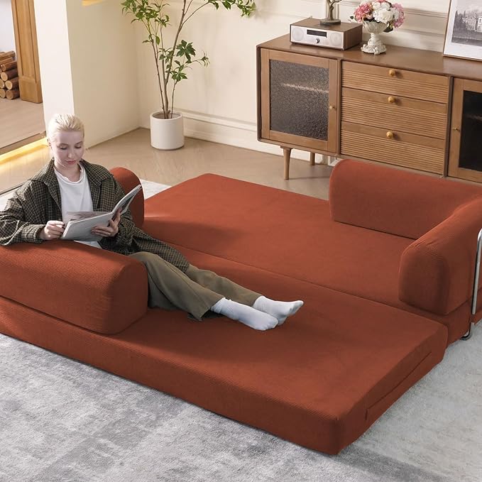 79" Convertible Sleeper Sofa Bed with Cylindrical Pillow, Corduroy Folding Mattress Couch with Fixed-Shape Frame, Floor Sofa Lounge Couch for Living Room Bedroom Lounge Studio