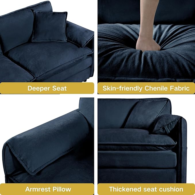 RENDGO Modular Sectional Sofa Sets,2 Pieces Chenille Sectional Loveseat Sofas,Deep Seat Comfort,4-Seater Comfy Couch for Living Rooms & Apartment, Guest Rooms,Blue