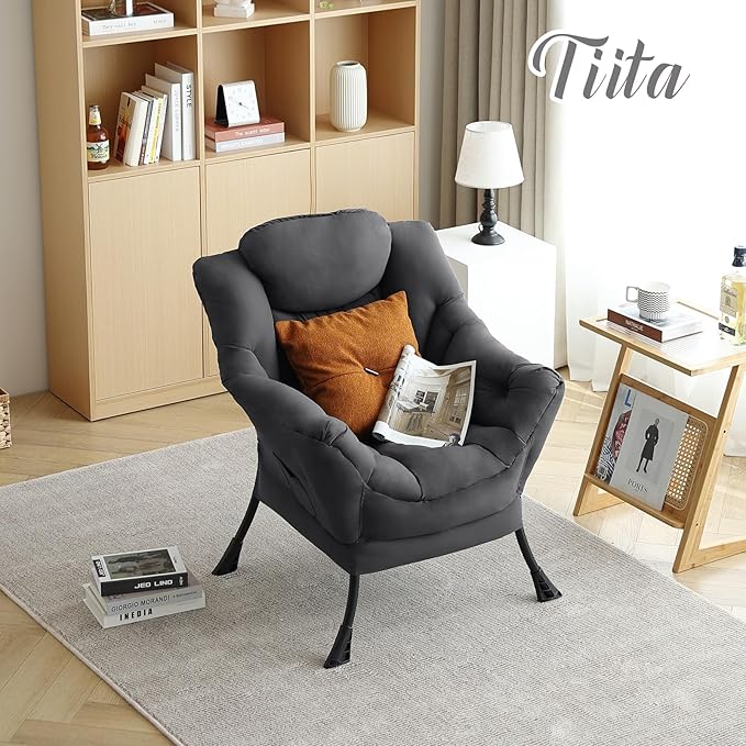 Tiita Lazy Chair, Modern Large Accent Lounge Armchair, Comfy Leisure Sofa Reading Chair for Bedroom, Living Room, Dorm Rooms, Garden and Courtyard, Dark Grey