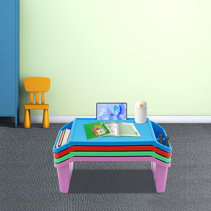 4 Pcs Kids Lap Desk Tray, Plastic Breakfast Laptop Trays, Portable Lap Bed Table with Side Pockets (22" x 12" x 8")