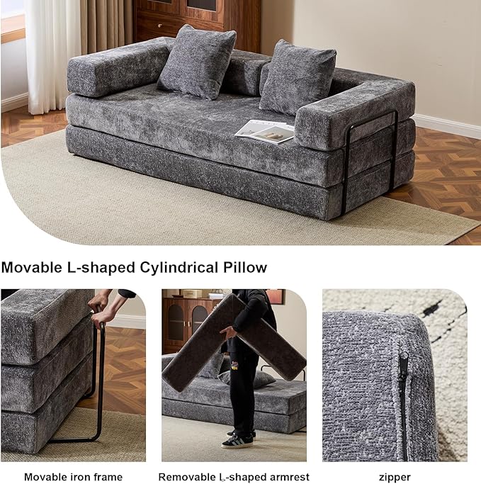 77" Convertible Foldable Floor Couch, 3-Seat Futon Sleeper Sofa for Living Room, Bedroom, or Apartment, with Pillow Backrest and Armrests, Chenille Fabric, No Assembly Required, Dark Grey