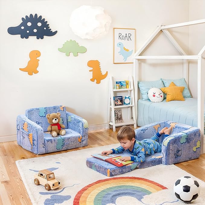 Lamerge 2-in-1 Soft Toddler Couch Fold Out,Foldable Toddler Chair, Glow in The Dark Kids Sofa for playroom,Convertible Foam and Floor Cushion for Boys and Girls (Blue and Dinosaur)