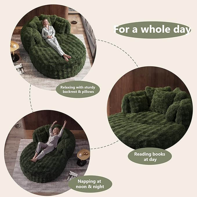 Oversized Chaise Lounge Chair Indoor with Ottoman 55" W x 75" L Round Reading Chair Plush Faux Fur Corduroy Cloud Circle Boneless Chair with 5 Pillows for Living Room - Green
