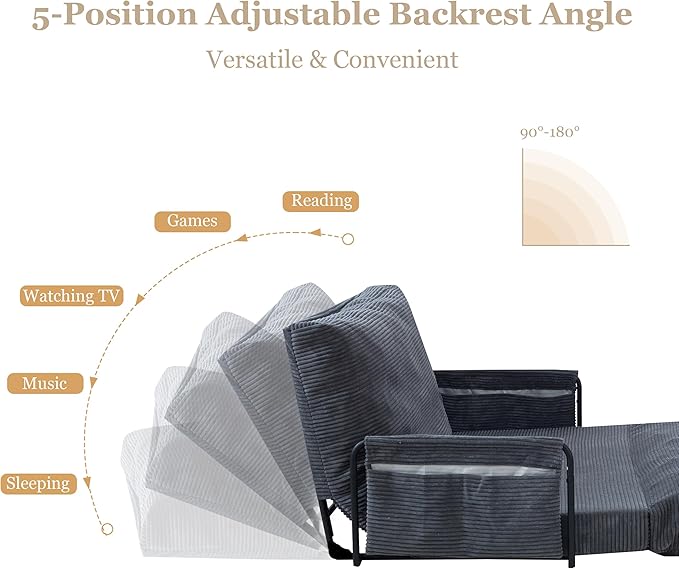 YOSHOOT Lazy Floor Sofa Convertible Bean Bag Sofa Bed Couch, 5-Position Foldable Sleeper Chair with Armrest, Ideal for Reading & Gaming