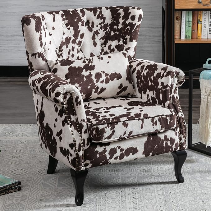 LZAREAL Accent Reading Arm Chairs for Living Room Bedroom, Midcentury Modern Comfy Corner Sofa Chair, Wingback Waiting Room Club Chair with Button Tufted Back &Lumbar Pillow, Fabric Cow
