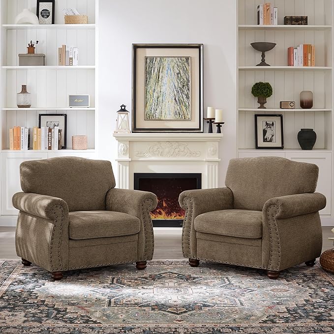 ONBRILL Nailhead Trim Armchair, Rolled Arm Accent Chair for Living Room, Comfy Chenille Club Sofa Chair w/Springs Cushions & Wood Legs, Traditional Single Couch Chair for Apartment, Farmhouse, Brown