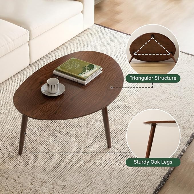 Vadisun Small Oval Coffee Table, 25.6'' Small Mid Century Modern End Table for Living Room, 100% Solid Oak Wood Side Table, Minimalist Display Center Table(Walnut Color, 25.59''Wx17.51''Dx19.68''H)
