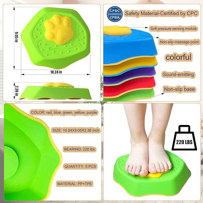 HTWELL Kids Stepping Stones with Sound,Durable Non-Slip Balance,Sensory Stepping Stones,Obstacle Course Indoor Outdoor for Toddler, Toy Gifts for Age 3+（5pcs）