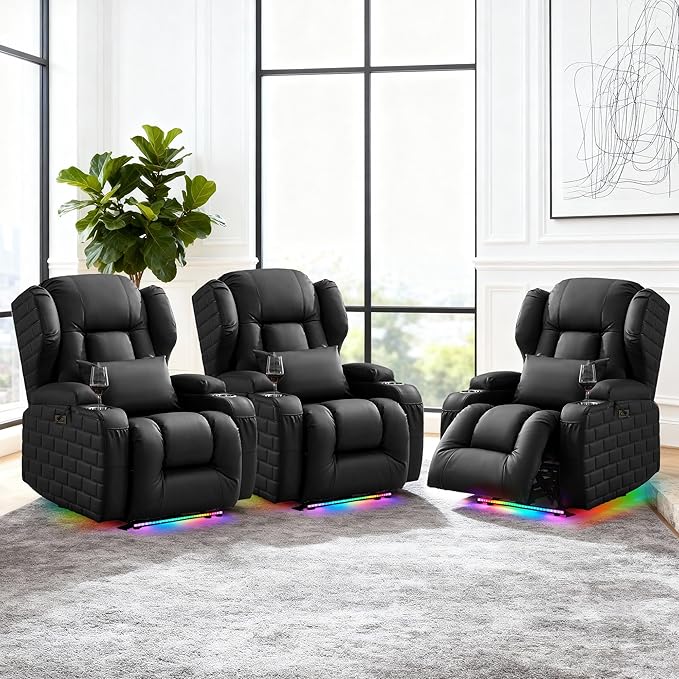 Wall Hugger Power Recliner Chair with Heat and Massage, Overstuffed Reclining Sofa Chair for Living Room Home Theater RV with 3-Side LED Lights/Cup Holders/USB & Type C Port (Black)