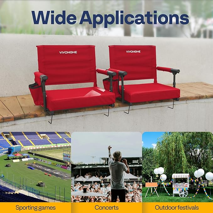 VIVOHOME Stadium Seats with Back Support and Cushion, 2 Pack Portable Bleacher Chairs with Cup Holder and Shoulder Strap