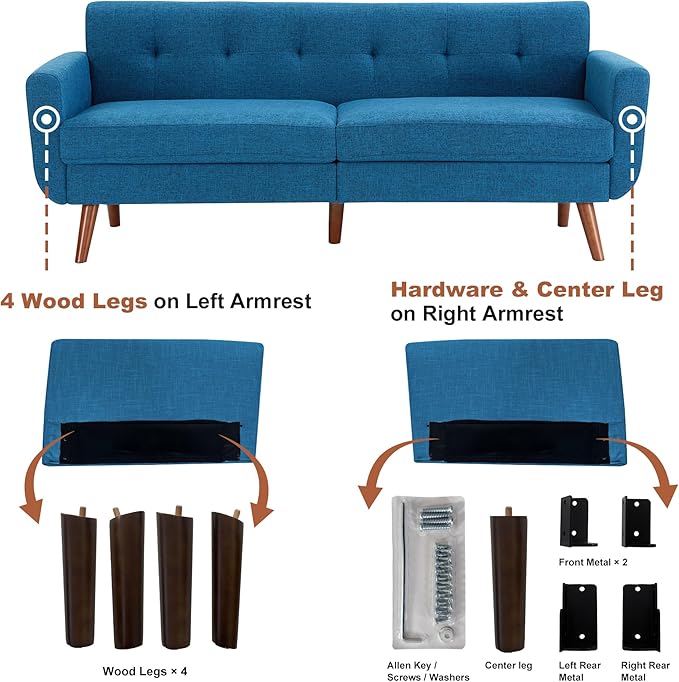 Tbfit 77.2" W Linen Sofa Couch, Mid Century Modern Decor Loveseat Couches for Living Room, Button Tufted Upholstered Small Couch for Bedroom, Solid, and Easy to Install Love Seats Furniture, Blue | linen fabric, button tufted, solid wood foot, pocket s...