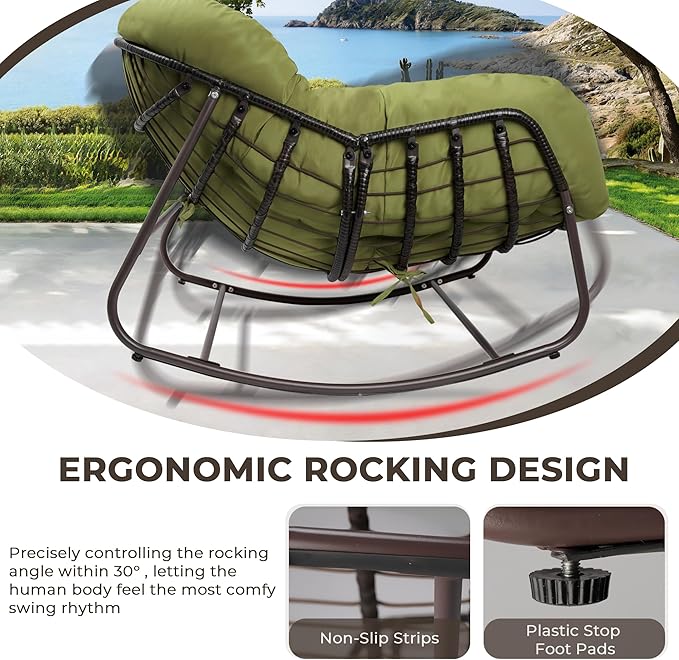 Sgentle Papasan Rocking Chair Outdoor, Oversized Patio Rocking Chair with Cushions & Steel Frame, Wicker Egg Lounge Chair Indoor, Comfy Reading Chair for Patio, Deck, Porch (Green, Style 1)